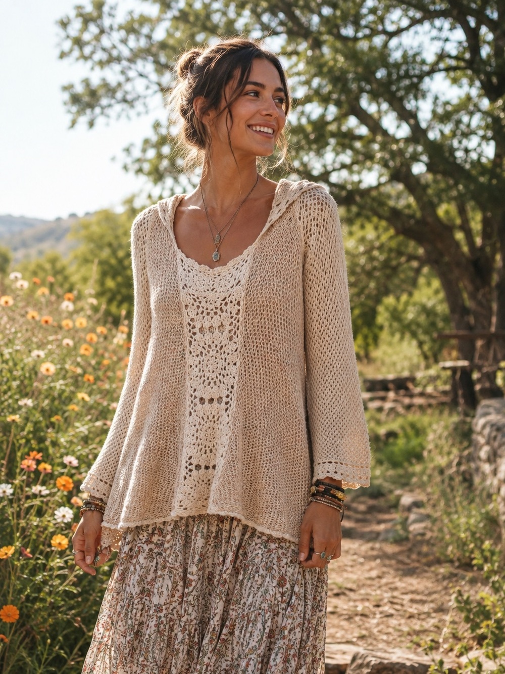 Free People Cream Mix Boho Crochet Hooded Tunic Sweater Size XS